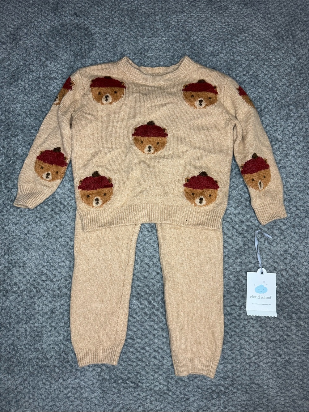 Cloud Island Baby Boys 2pc Bear Knit Sweater & Pants Set - Tan/Brown 24M NWT